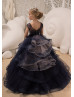 Navy Blue Lace V Back Beaded Floor Length Flower Girl Dress